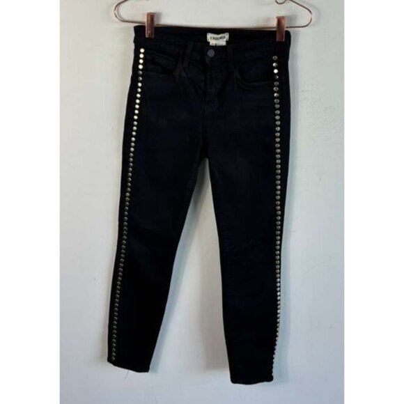 L’AGENCE Women’s Mid-Rise Skinny Jeans Gold Studded Sides Black Size L 24 - Picture 2 of 10